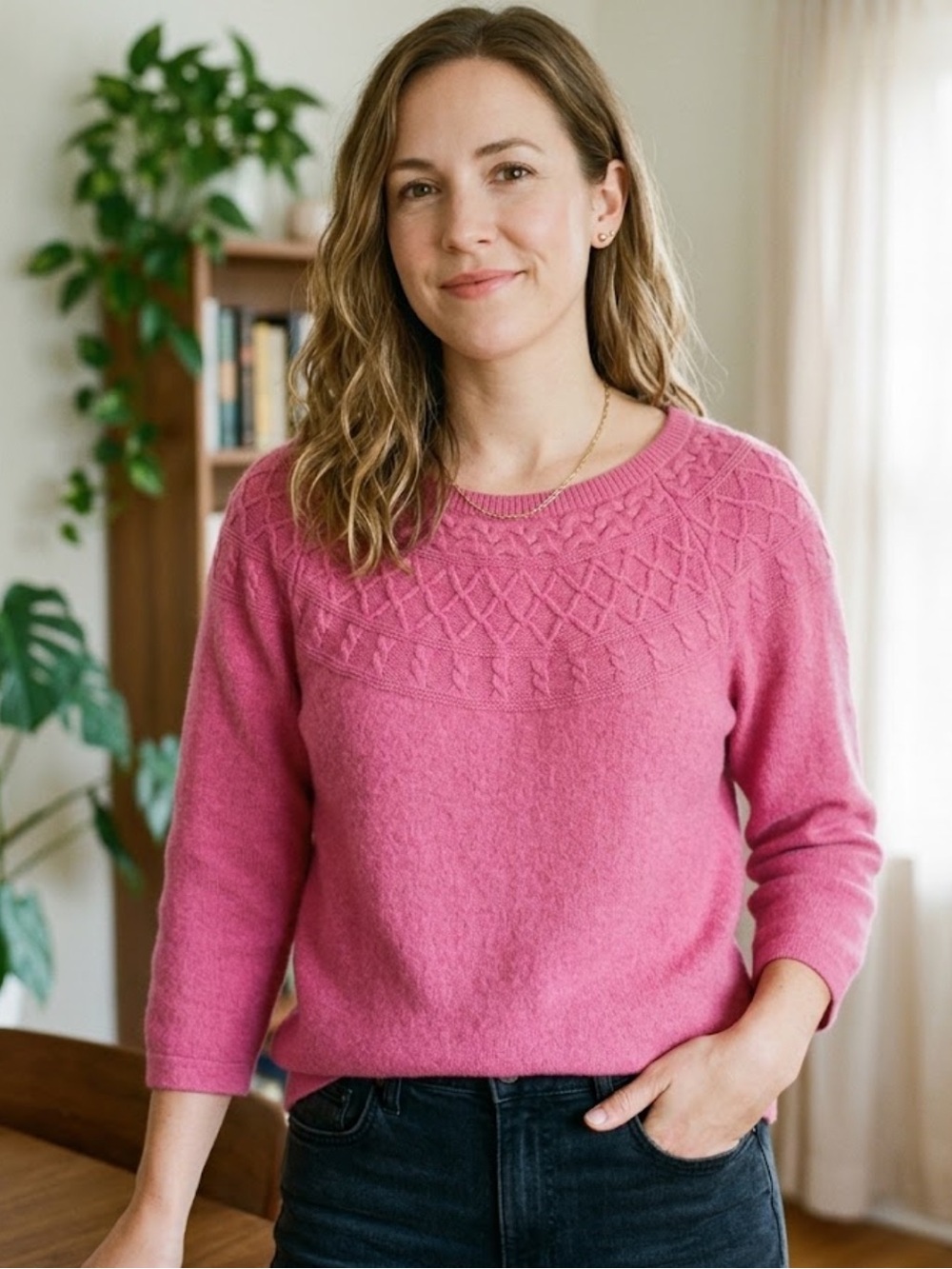 Talbots Bright Pink Cable Knit Sweater 3/4 Sleeve Scoop Neck 2X